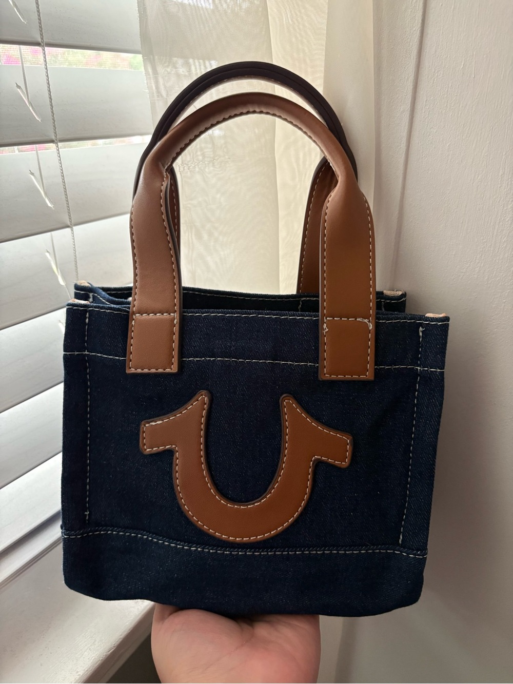 True Religion Navy Denim Mini Tote with Brown Trim